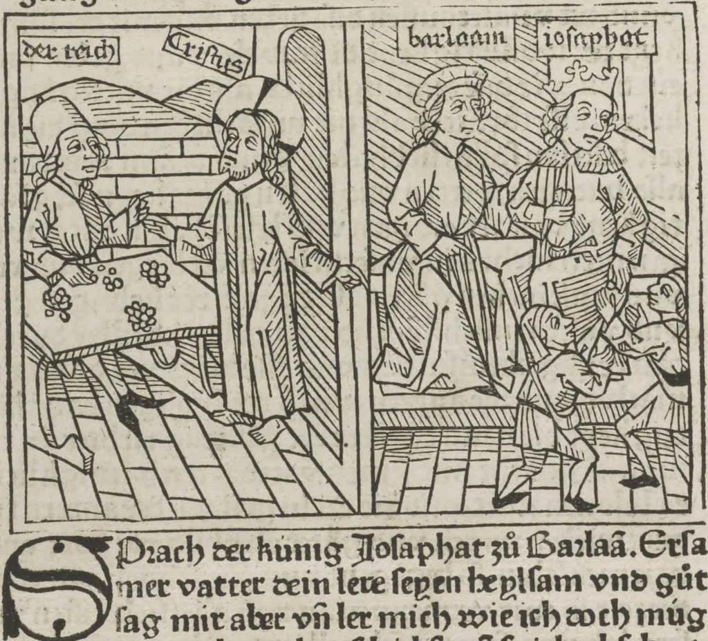 An illustration from Eyn gar loblich ... Cronica sagend von eynem heyligen Kunig mit Namen Josaphat, wie der ward bekeret von eynem heyligen Vatter vnnd Aynsideln genant Barlaam, 1476, leaf 61