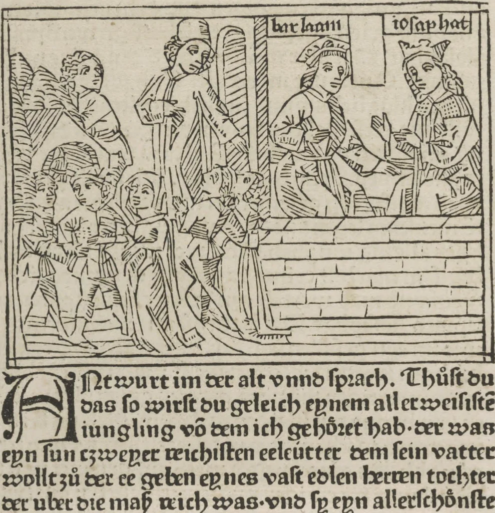 An illustration from Eyn gar loblich ... Cronica sagend von eynem heyligen Kunig mit Namen Josaphat, wie der ward bekeret von eynem heyligen Vatter vnnd Aynsideln genant Barlaam, 1476, leaf 65