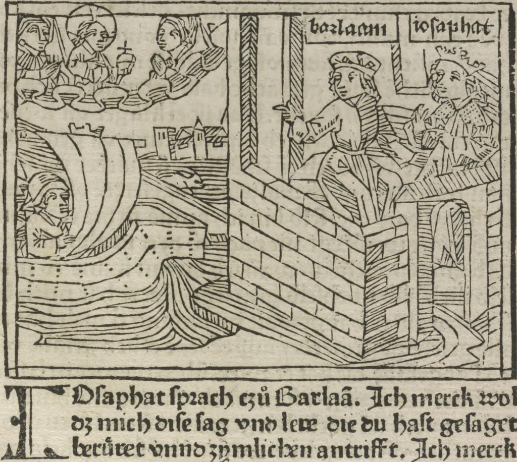 An illustration from Eyn gar loblich ... Cronica sagend von eynem heyligen Kunig mit Namen Josaphat, wie der ward bekeret von eynem heyligen Vatter vnnd Aynsideln genant Barlaam, 1476, leaf 68