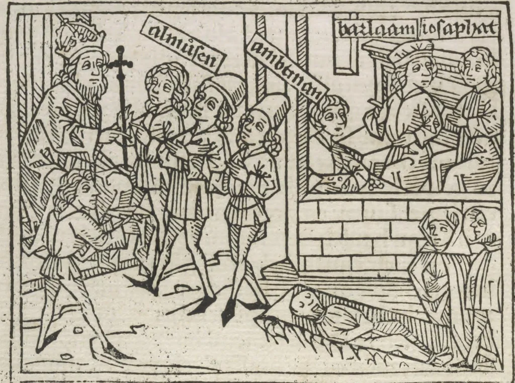 An illustration from Eyn gar loblich ... Cronica sagend von eynem heyligen Kunig mit Namen Josaphat, wie der ward bekeret von eynem heyligen Vatter vnnd Aynsideln genant Barlaam, 1476, leaf 71