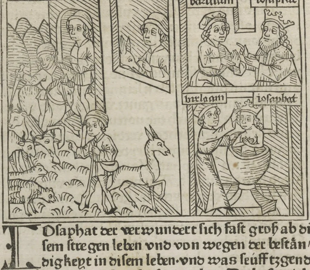 An illustration from Eyn gar loblich ... Cronica sagend von eynem heyligen Kunig mit Namen Josaphat, wie der ward bekeret von eynem heyligen Vatter vnnd Aynsideln genant Barlaam, 1476, leaf 75