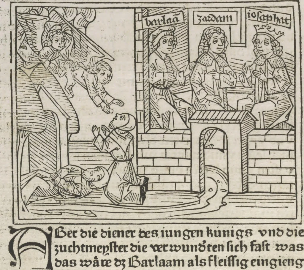 An illustration from Eyn gar loblich ... Cronica sagend von eynem heyligen Kunig mit Namen Josaphat, wie der ward bekeret von eynem heyligen Vatter vnnd Aynsideln genant Barlaam, 1476, leaf 77