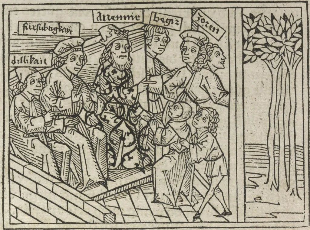 An illustration from Eyn gar loblich ... Cronica sagend von eynem heyligen Kunig mit Namen Josaphat, wie der ward bekeret von eynem heyligen Vatter vnnd Aynsideln genant Barlaam, 1476, leaf 8