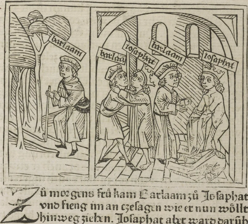 An illustration from Eyn gar loblich ... Cronica sagend von eynem heyligen Kunig mit Namen Josaphat, wie der ward bekeret von eynem heyligen Vatter vnnd Aynsideln genant Barlaam, 1476, leaf 80