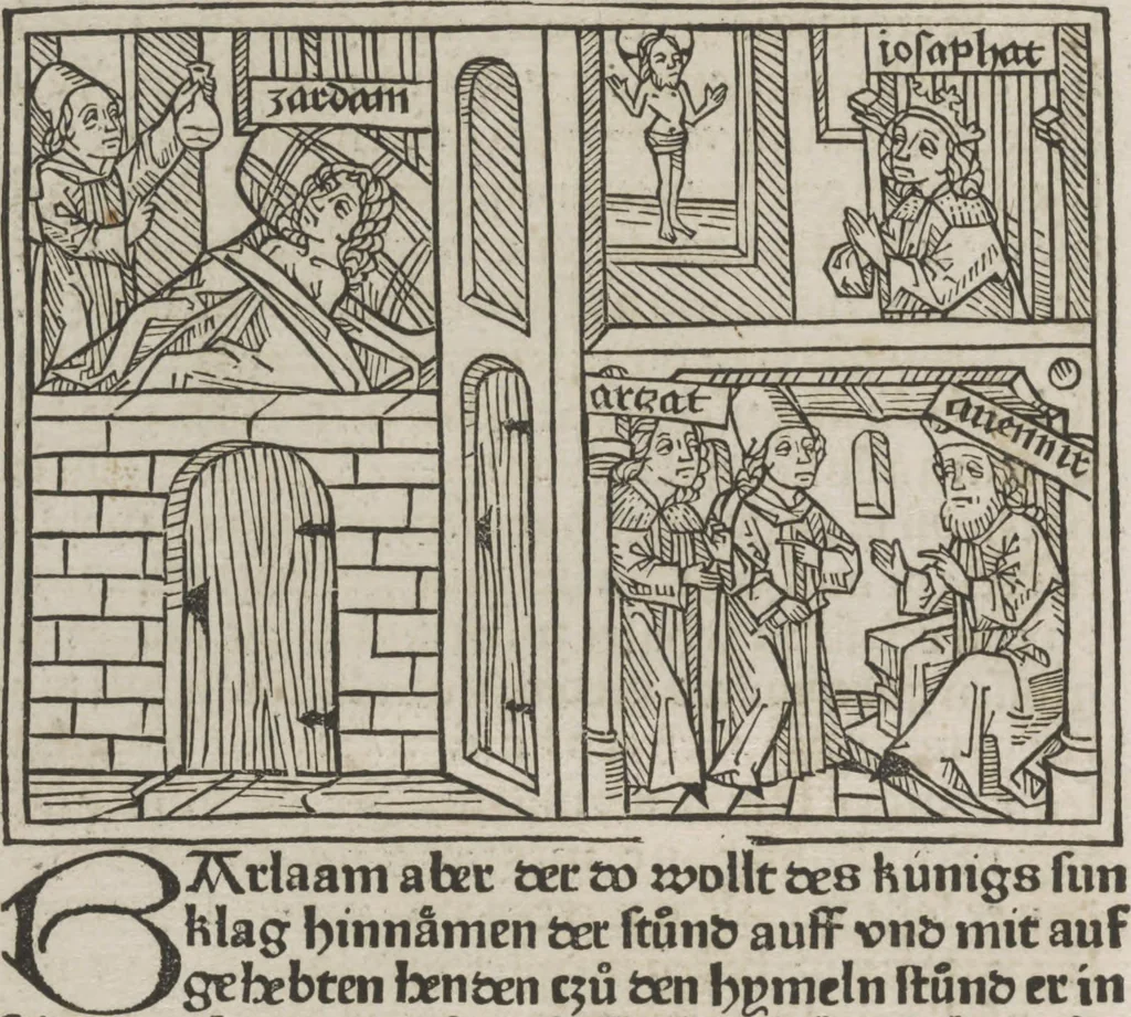 An illustration from Eyn gar loblich ... Cronica sagend von eynem heyligen Kunig mit Namen Josaphat, wie der ward bekeret von eynem heyligen Vatter vnnd Aynsideln genant Barlaam, 1476, leaf 83