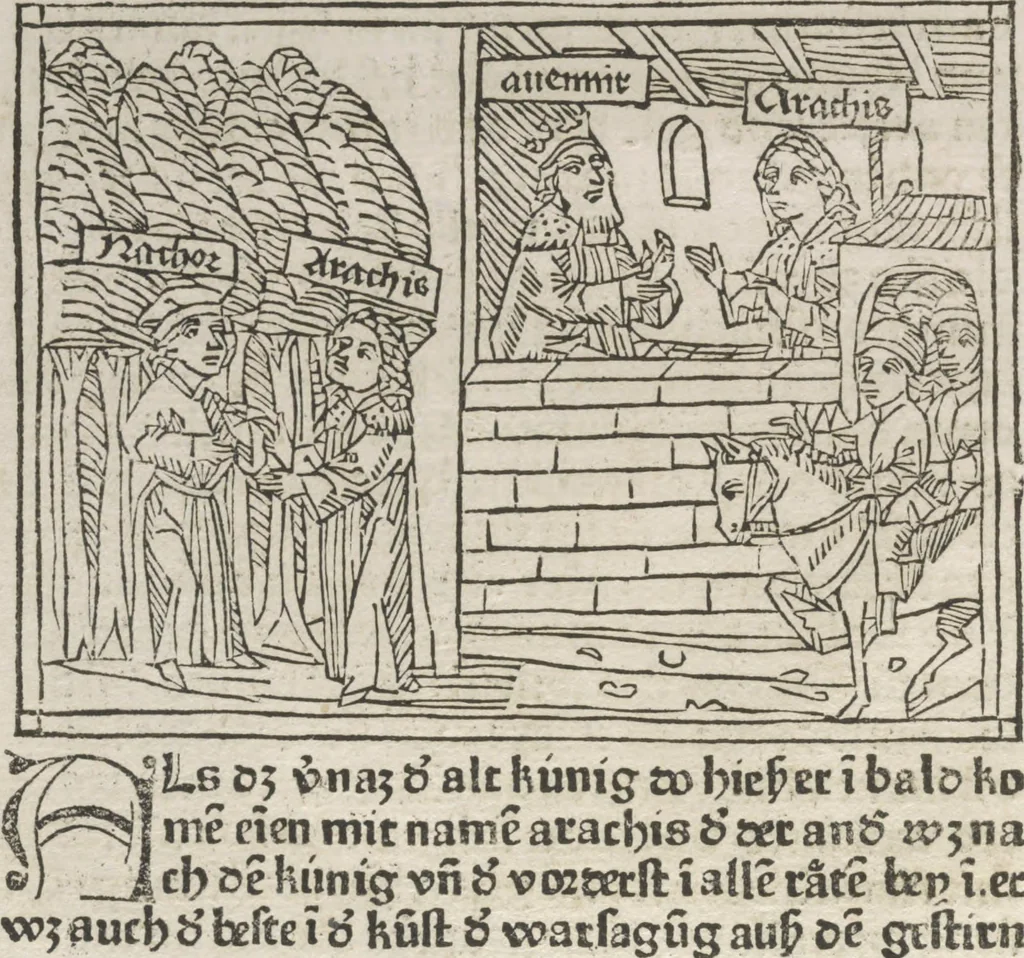 An illustration from Eyn gar loblich ... Cronica sagend von eynem heyligen Kunig mit Namen Josaphat, wie der ward bekeret von eynem heyligen Vatter vnnd Aynsideln genant Barlaam, 1476, leaf 85
