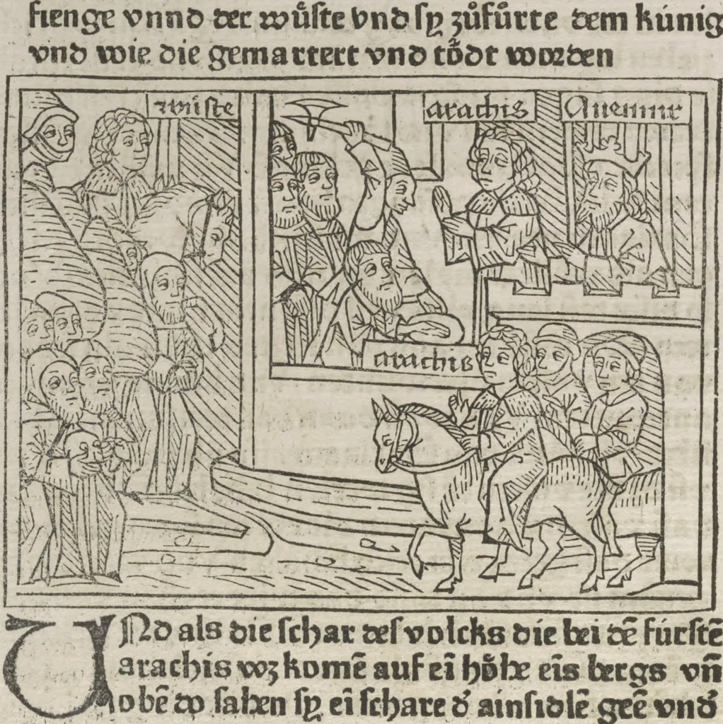 An illustration from Eyn gar loblich ... Cronica sagend von eynem heyligen Kunig mit Namen Josaphat, wie der ward bekeret von eynem heyligen Vatter vnnd Aynsideln genant Barlaam, 1476, leaf 87