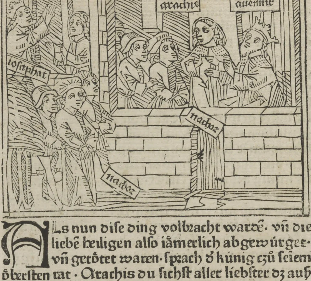 An illustration from Eyn gar loblich ... Cronica sagend von eynem heyligen Kunig mit Namen Josaphat, wie der ward bekeret von eynem heyligen Vatter vnnd Aynsideln genant Barlaam, 1476, leaf 91
