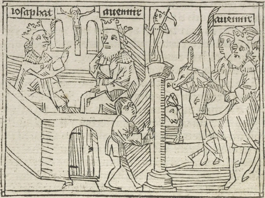 An illustration from Eyn gar loblich ... Cronica sagend von eynem heyligen Kunig mit Namen Josaphat, wie der ward bekeret von eynem heyligen Vatter vnnd Aynsideln genant Barlaam, 1476, leaf 93
