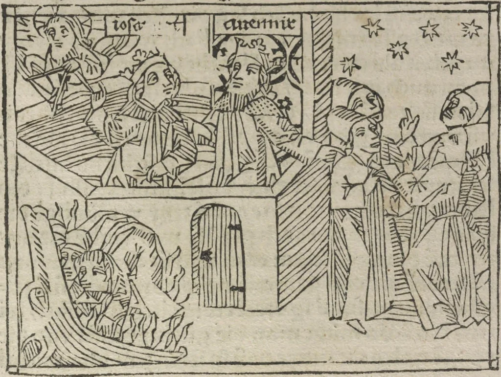 An illustration from Eyn gar loblich ... Cronica sagend von eynem heyligen Kunig mit Namen Josaphat, wie der ward bekeret von eynem heyligen Vatter vnnd Aynsideln genant Barlaam, 1476, leaf 96