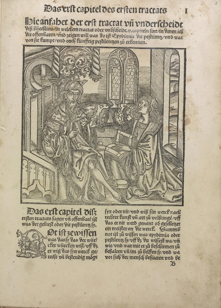 An illustration from Liber pestilentialis de venenis epidimie: Das Buch der Vergift der Pestile[n]tz das da gena[n]t ist der gemein Sterbent der trüsen Blatren,, 1500, leaf 14