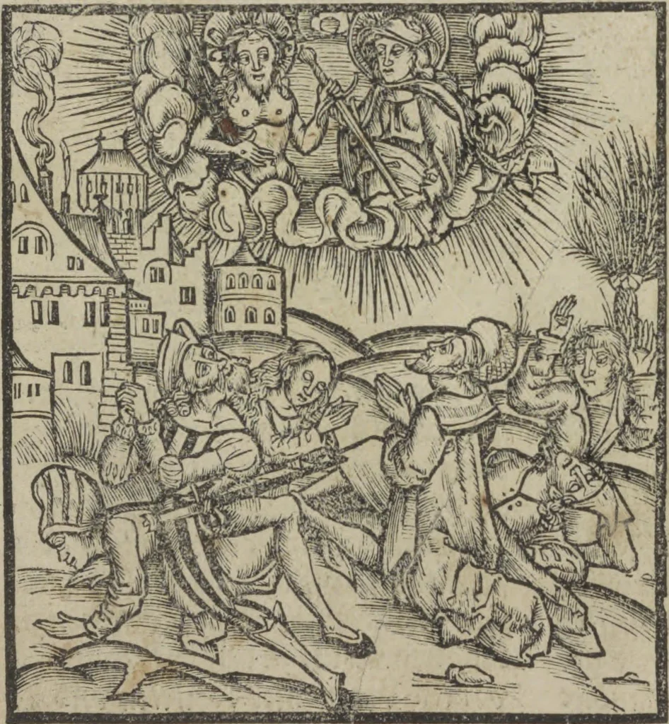 An illustration from Liber pestilentialis de venenis epidimie: Das Buch der Vergift der Pestile[n]tz das da gena[n]t ist der gemein Sterbent der trüsen Blatren,, 1500, leaf 15