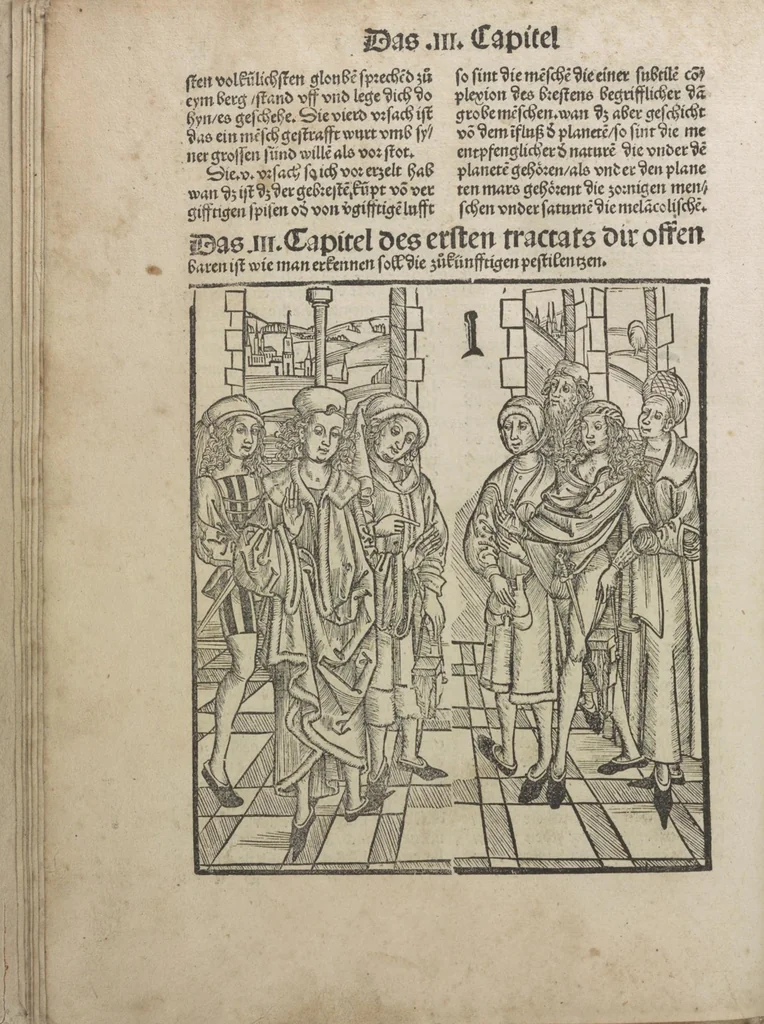An illustration from Liber pestilentialis de venenis epidimie: Das Buch der Vergift der Pestile[n]tz das da gena[n]t ist der gemein Sterbent der trüsen Blatren,, 1500, leaf 17