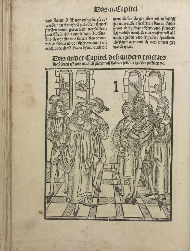 An illustration from Liber pestilentialis de venenis epidimie: Das Buch der Vergift der Pestile[n]tz das da gena[n]t ist der gemein Sterbent der trüsen Blatren,, 1500, leaf 23