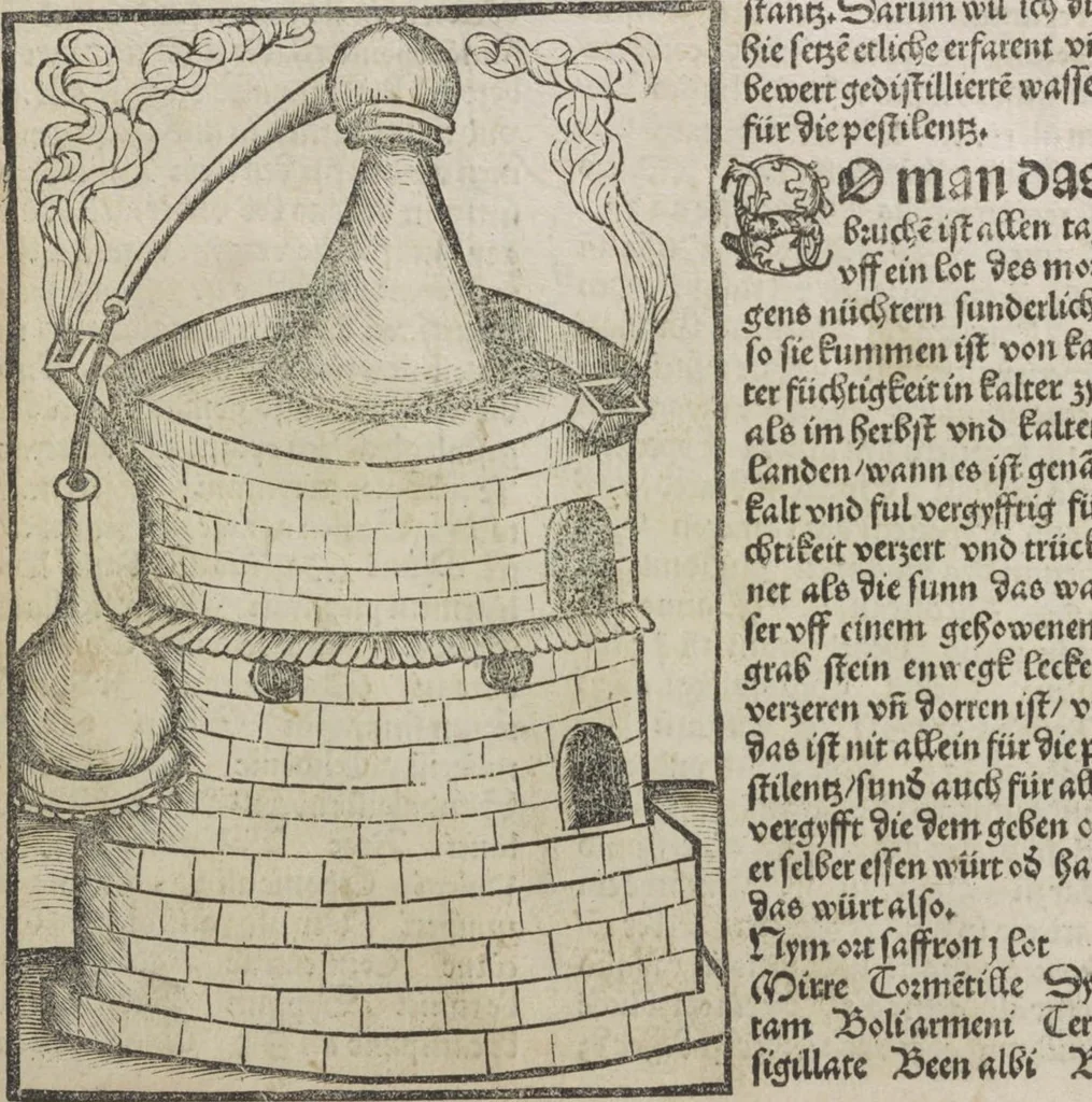 An illustration from Liber pestilentialis de venenis epidimie: Das Buch der Vergift der Pestile[n]tz das da gena[n]t ist der gemein Sterbent der trüsen Blatren,, 1500, leaf 55