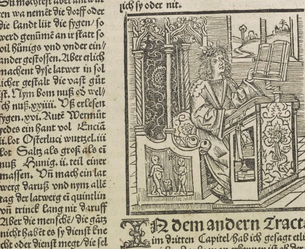 An illustration from Liber pestilentialis de venenis epidimie: Das Buch der Vergift der Pestile[n]tz das da gena[n]t ist der gemein Sterbent der trüsen Blatren,, 1500, leaf 57