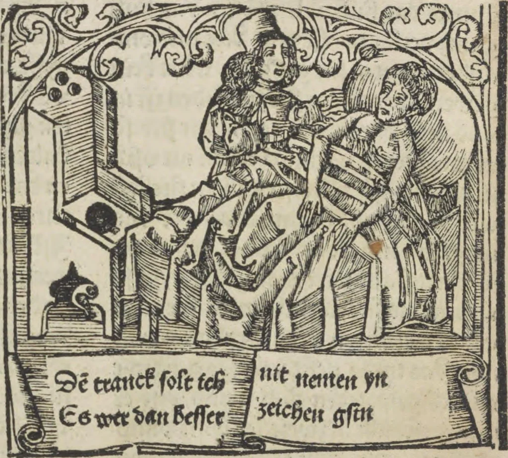 An illustration from Liber pestilentialis de venenis epidimie: Das Buch der Vergift der Pestile[n]tz das da gena[n]t ist der gemein Sterbent der trüsen Blatren,, 1500, leaf 58