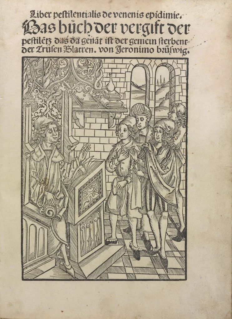 An illustration from Liber pestilentialis de venenis epidimie: Das Buch der Vergift der Pestile[n]tz das da gena[n]t ist der gemein Sterbent der trüsen Blatren,, 1500, leaf 6