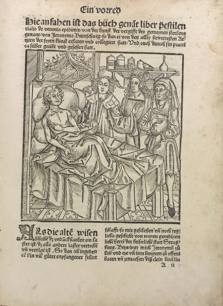 An illustration from Liber pestilentialis de venenis epidimie: Das Buch der Vergift der Pestile[n]tz das da gena[n]t ist der gemein Sterbent der trüsen Blatren,, 1500, leaf 8