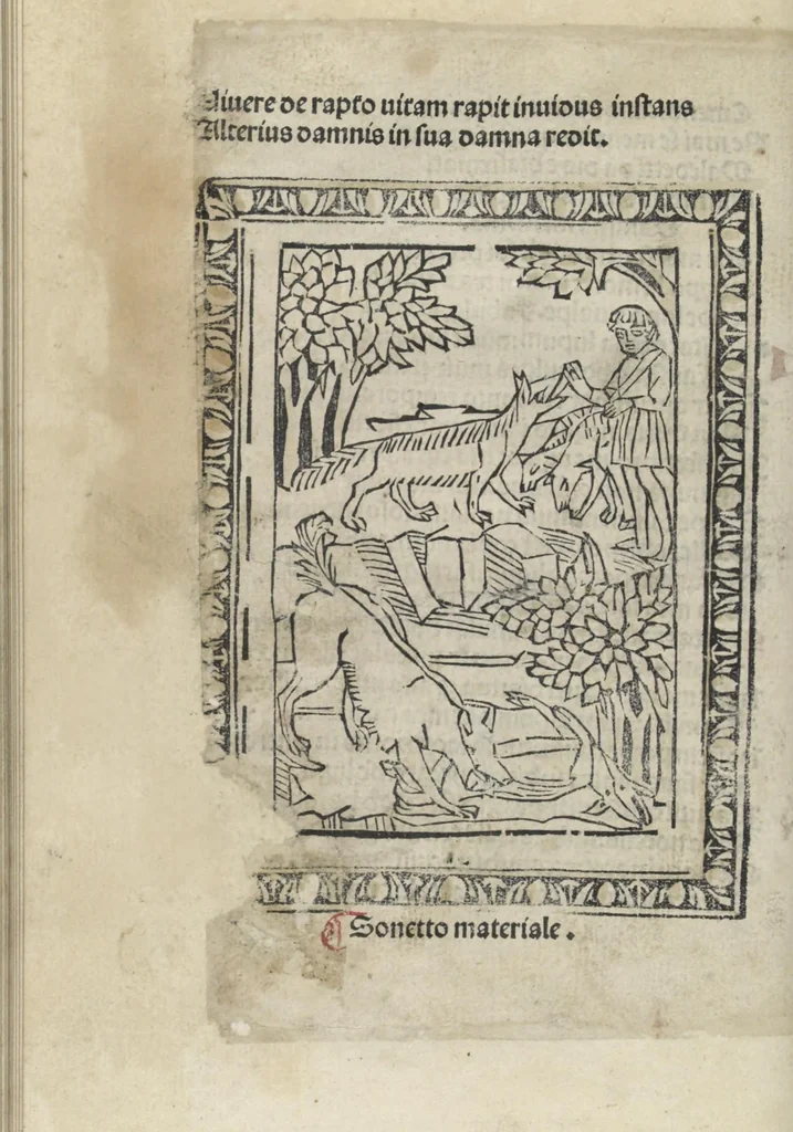 An illustration from Chosi falsa speranza ne martelia, non lassar mai lo certo per lo incerto, se non che del tuo proprio fie diserto, 1487, leaf 110