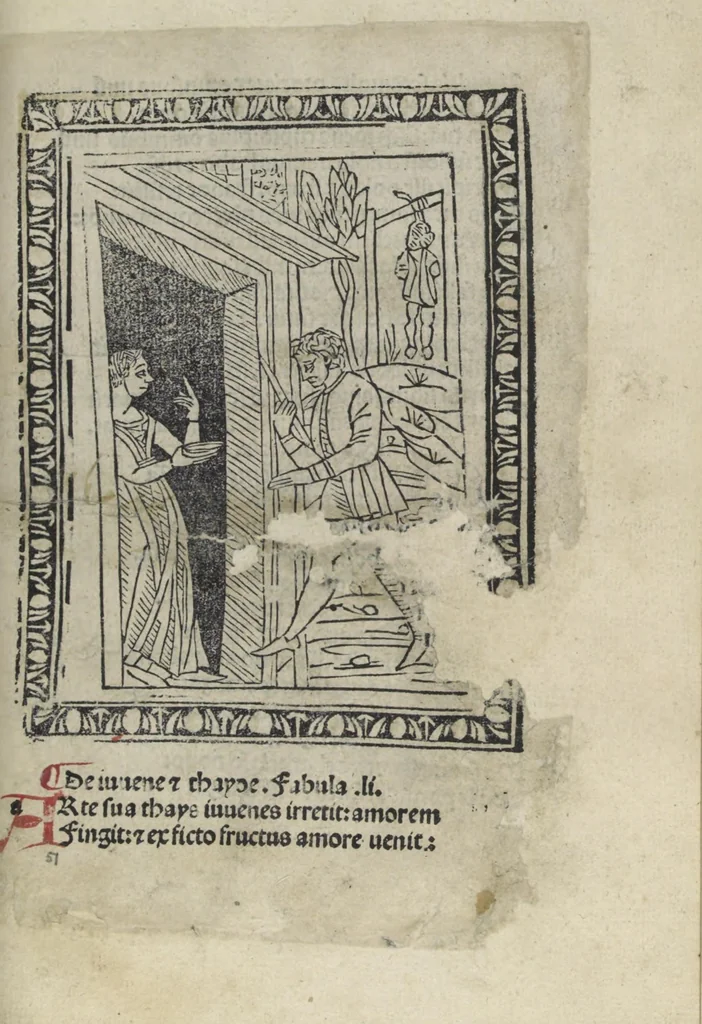 An illustration from Chosi falsa speranza ne martelia, non lassar mai lo certo per lo incerto, se non che del tuo proprio fie diserto, 1487, leaf 117