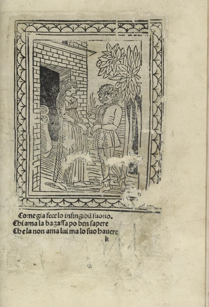 An illustration from Chosi falsa speranza ne martelia, non lassar mai lo certo per lo incerto, se non che del tuo proprio fie diserto, 1487, leaf 119