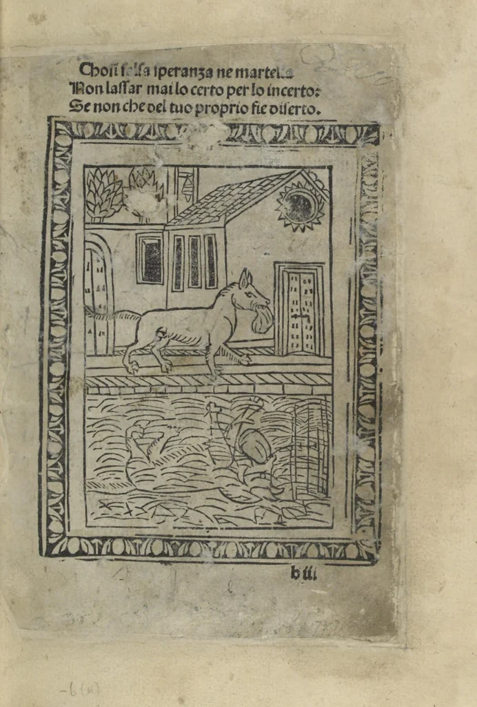 An illustration from Chosi falsa speranza ne martelia, non lassar mai lo certo per lo incerto, se non che del tuo proprio fie diserto, 1487, leaf 15