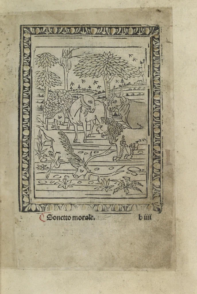 An illustration from Chosi falsa speranza ne martelia, non lassar mai lo certo per lo incerto, se non che del tuo proprio fie diserto, 1487, leaf 17