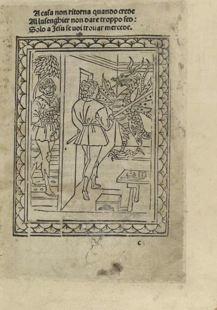 An illustration from Chosi falsa speranza ne martelia, non lassar mai lo certo per lo incerto, se non che del tuo proprio fie diserto, 1487, leaf 21