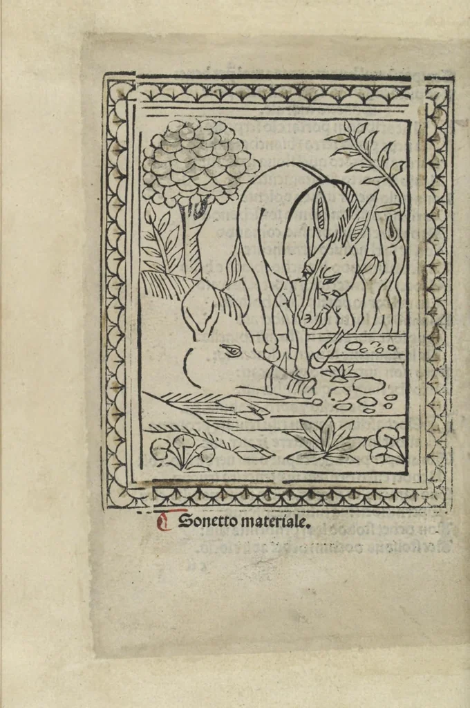 An illustration from Chosi falsa speranza ne martelia, non lassar mai lo certo per lo incerto, se non che del tuo proprio fie diserto, 1487, leaf 24