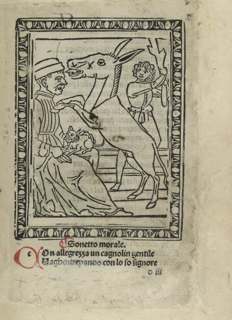An illustration from Chosi falsa speranza ne martelia, non lassar mai lo certo per lo incerto, se non che del tuo proprio fie diserto, 1487, leaf 37
