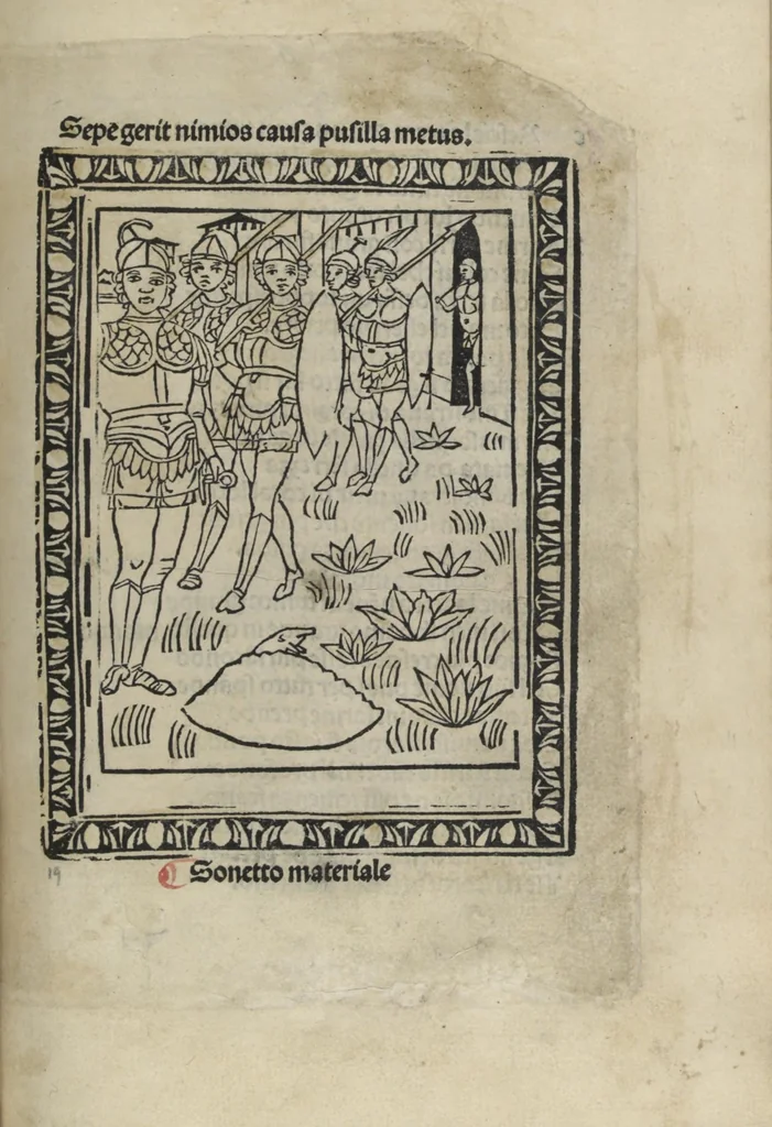 An illustration from Chosi falsa speranza ne martelia, non lassar mai lo certo per lo incerto, se non che del tuo proprio fie diserto, 1487, leaf 53