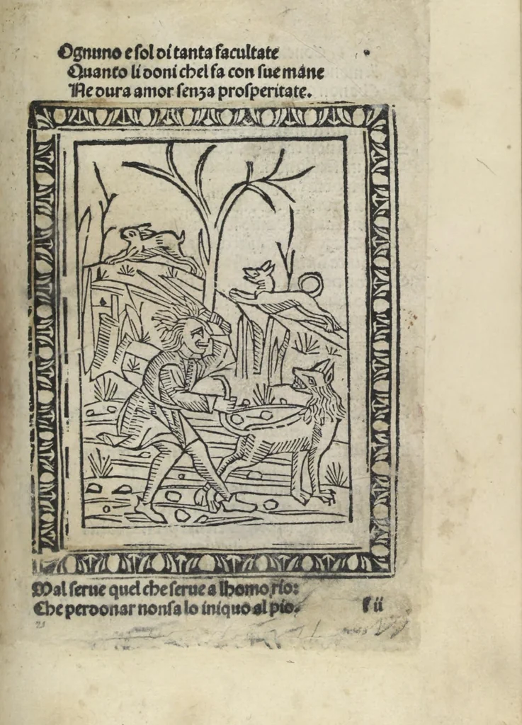 An illustration from Chosi falsa speranza ne martelia, non lassar mai lo certo per lo incerto, se non che del tuo proprio fie diserto, 1487, leaf 57