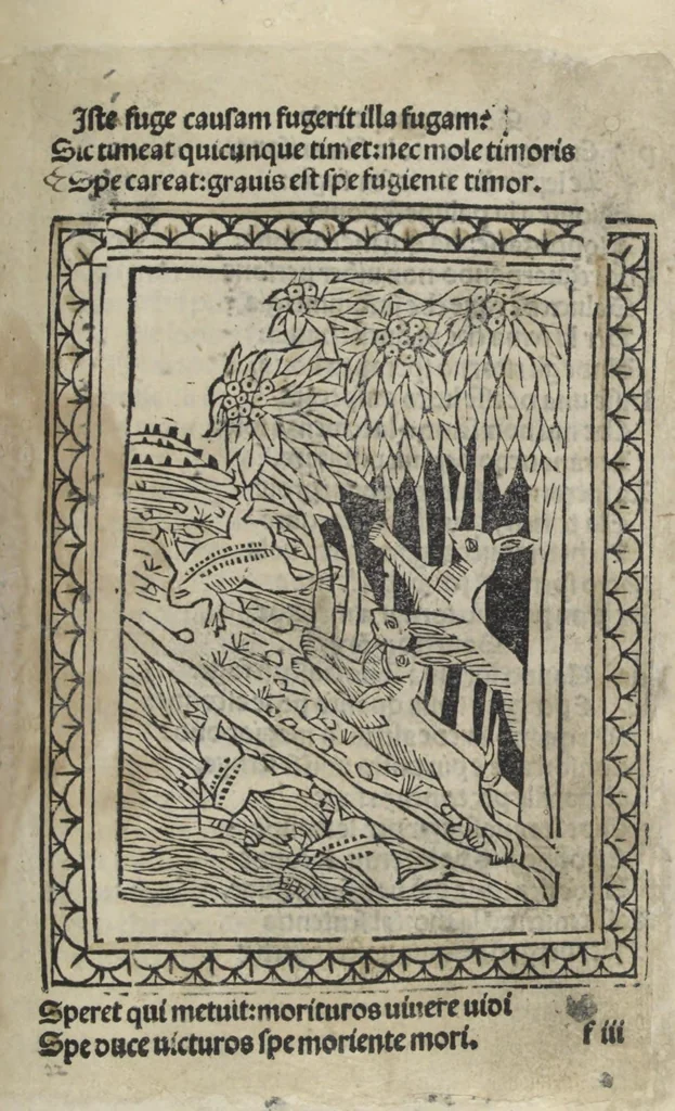 An illustration from Chosi falsa speranza ne martelia, non lassar mai lo certo per lo incerto, se non che del tuo proprio fie diserto, 1487, leaf 59