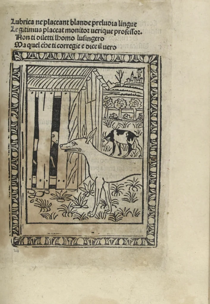 An illustration from Chosi falsa speranza ne martelia, non lassar mai lo certo per lo incerto, se non che del tuo proprio fie diserto, 1487, leaf 63