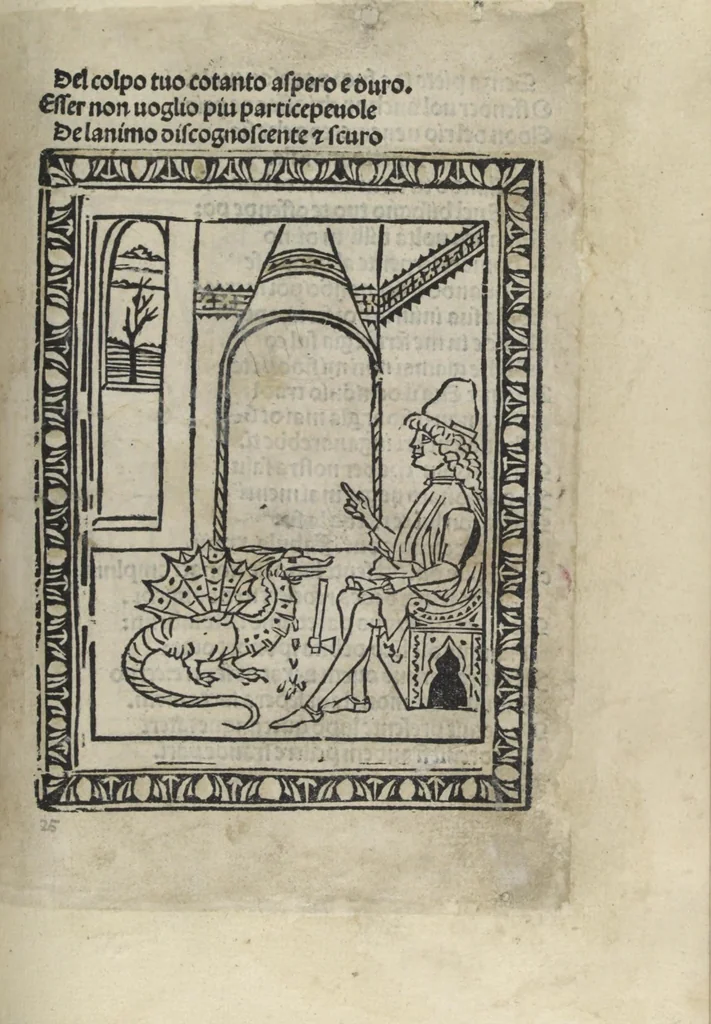 An illustration from Chosi falsa speranza ne martelia, non lassar mai lo certo per lo incerto, se non che del tuo proprio fie diserto, 1487, leaf 65