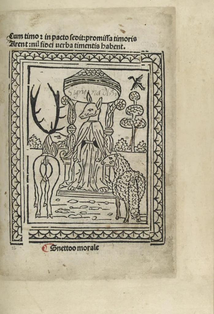 An illustration from Chosi falsa speranza ne martelia, non lassar mai lo certo per lo incerto, se non che del tuo proprio fie diserto, 1487, leaf 67