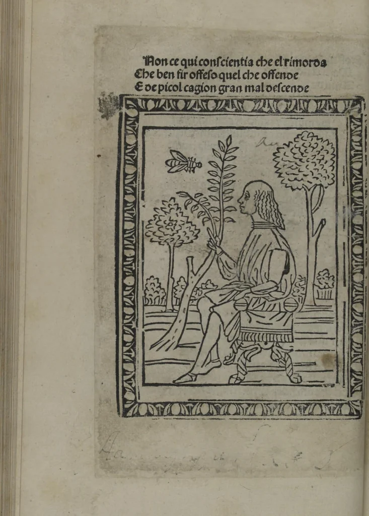 An illustration from Chosi falsa speranza ne martelia, non lassar mai lo certo per lo incerto, se non che del tuo proprio fie diserto, 1487, leaf 70