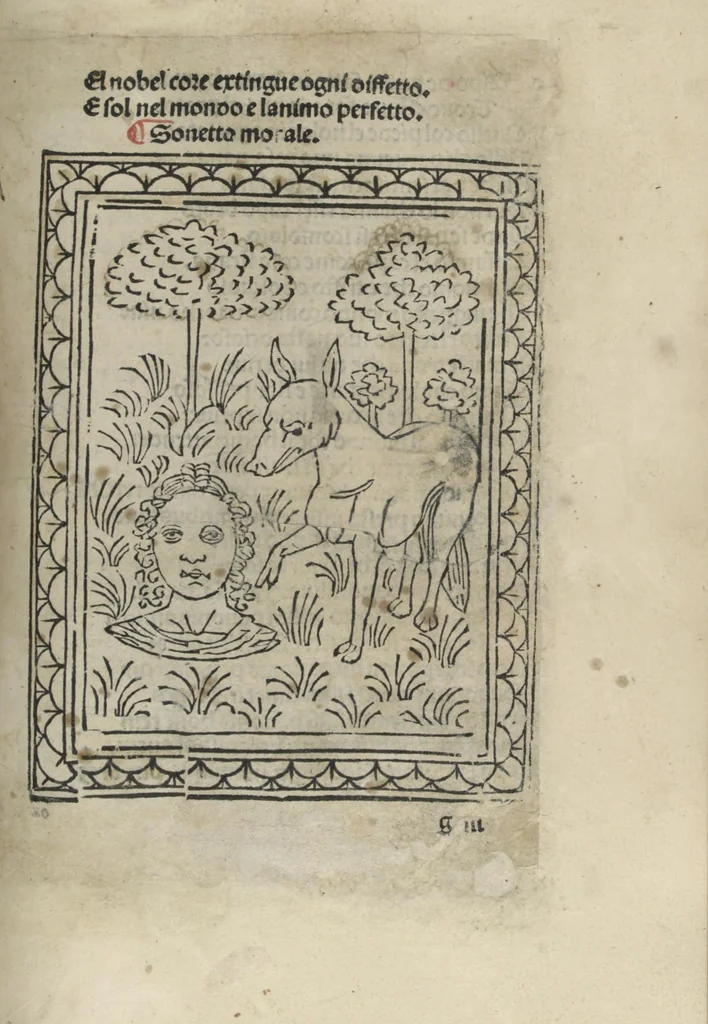 An illustration from Chosi falsa speranza ne martelia, non lassar mai lo certo per lo incerto, se non che del tuo proprio fie diserto, 1487, leaf 75