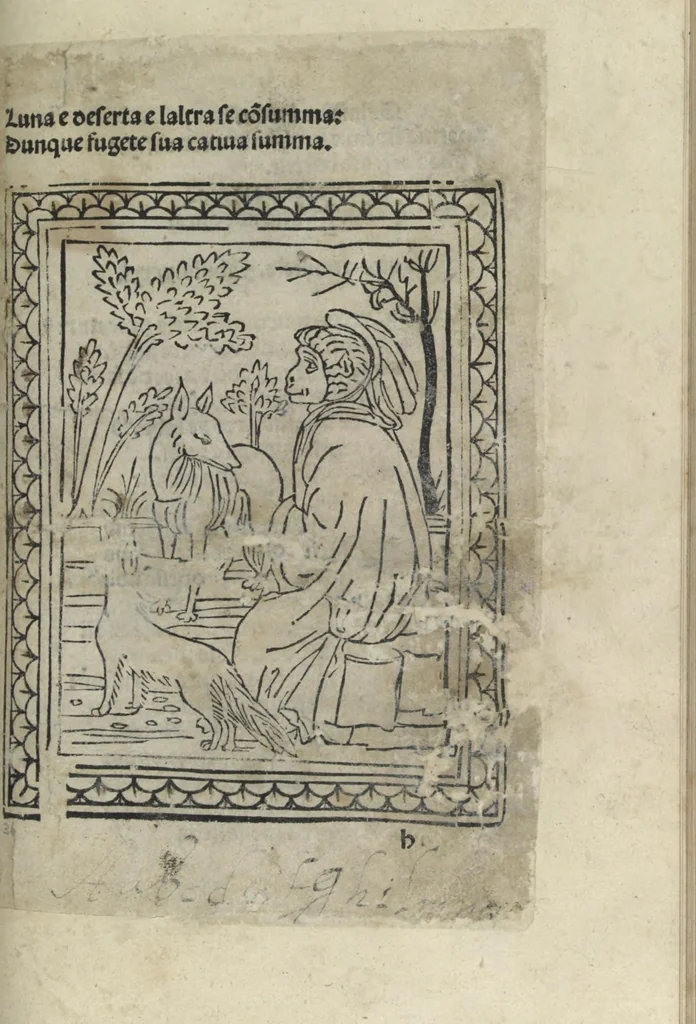 An illustration from Chosi falsa speranza ne martelia, non lassar mai lo certo per lo incerto, se non che del tuo proprio fie diserto, 1487, leaf 87