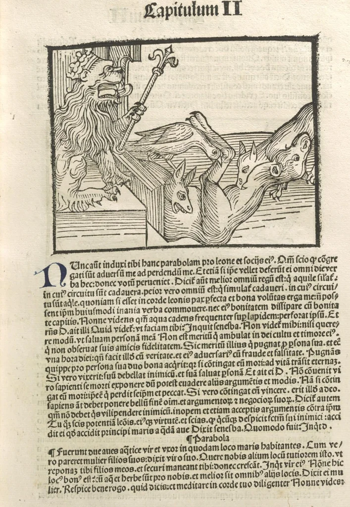 An illustration from Directorium humanae vite, alias Parabole antiquoru[m] sapientu[m], 1488, leaf 52