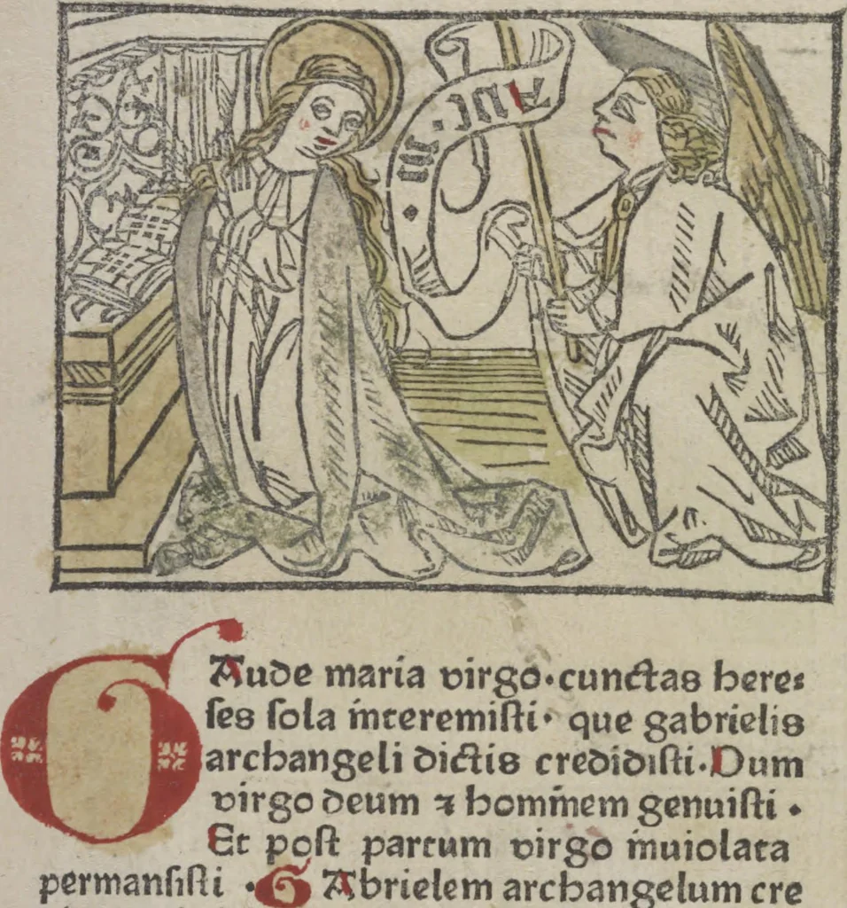 An illustration from De generatione Christi, sive Defensorium inviolatae castitatis B.V. Mariae, 1476, leaf 14