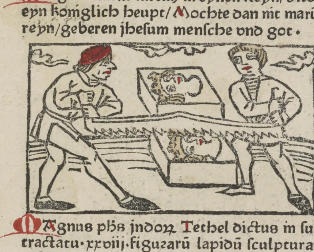 An illustration from De generatione Christi, sive Defensorium inviolatae castitatis B.V. Mariae, 1476, leaf 49