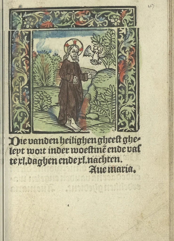 An illustration from Die ghetiden vanden seuen bitscappen Onser Lieuer Vrouwen. Die seuē psalme Onser Lieuer Vrouwen mitter letanie ende Onser Lieuer Vrouwen souter mitten artikelen vanden leuen en̄ passie Ons Heren Ihesu Cristi mitten figuren, 1503, leaf 100