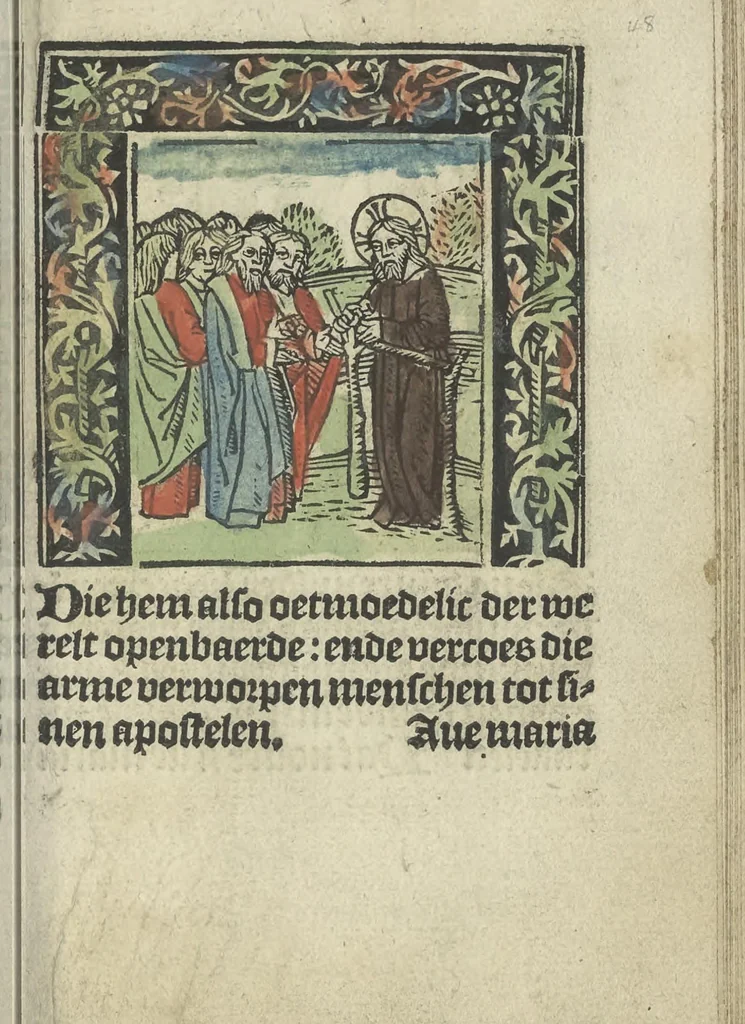 An illustration from Die ghetiden vanden seuen bitscappen Onser Lieuer Vrouwen. Die seuē psalme Onser Lieuer Vrouwen mitter letanie ende Onser Lieuer Vrouwen souter mitten artikelen vanden leuen en̄ passie Ons Heren Ihesu Cristi mitten figuren, 1503, leaf 102