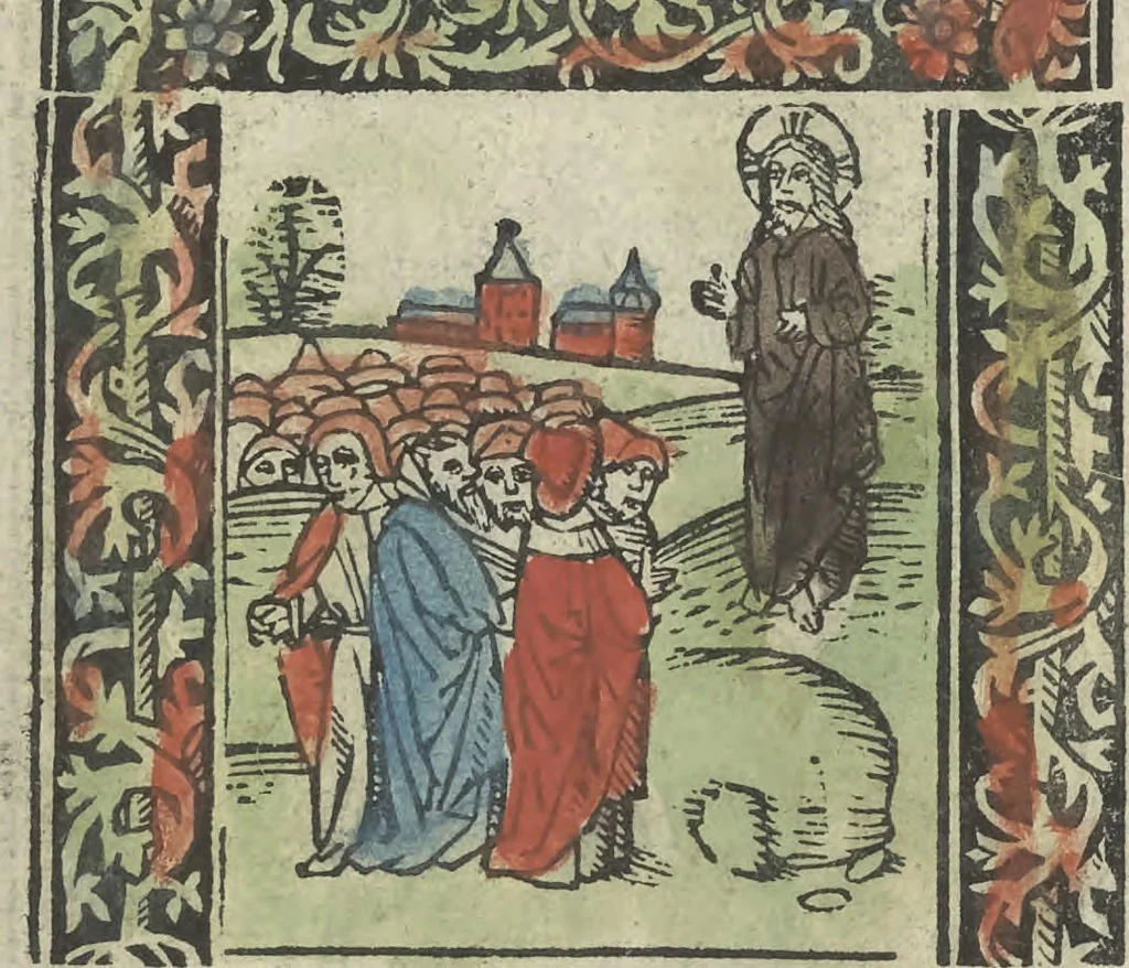 An illustration from Die ghetiden vanden seuen bitscappen Onser Lieuer Vrouwen. Die seuē psalme Onser Lieuer Vrouwen mitter letanie ende Onser Lieuer Vrouwen souter mitten artikelen vanden leuen en̄ passie Ons Heren Ihesu Cristi mitten figuren, 1503, leaf 104