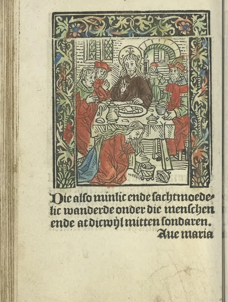 An illustration from Die ghetiden vanden seuen bitscappen Onser Lieuer Vrouwen. Die seuē psalme Onser Lieuer Vrouwen mitter letanie ende Onser Lieuer Vrouwen souter mitten artikelen vanden leuen en̄ passie Ons Heren Ihesu Cristi mitten figuren, 1503, leaf 105