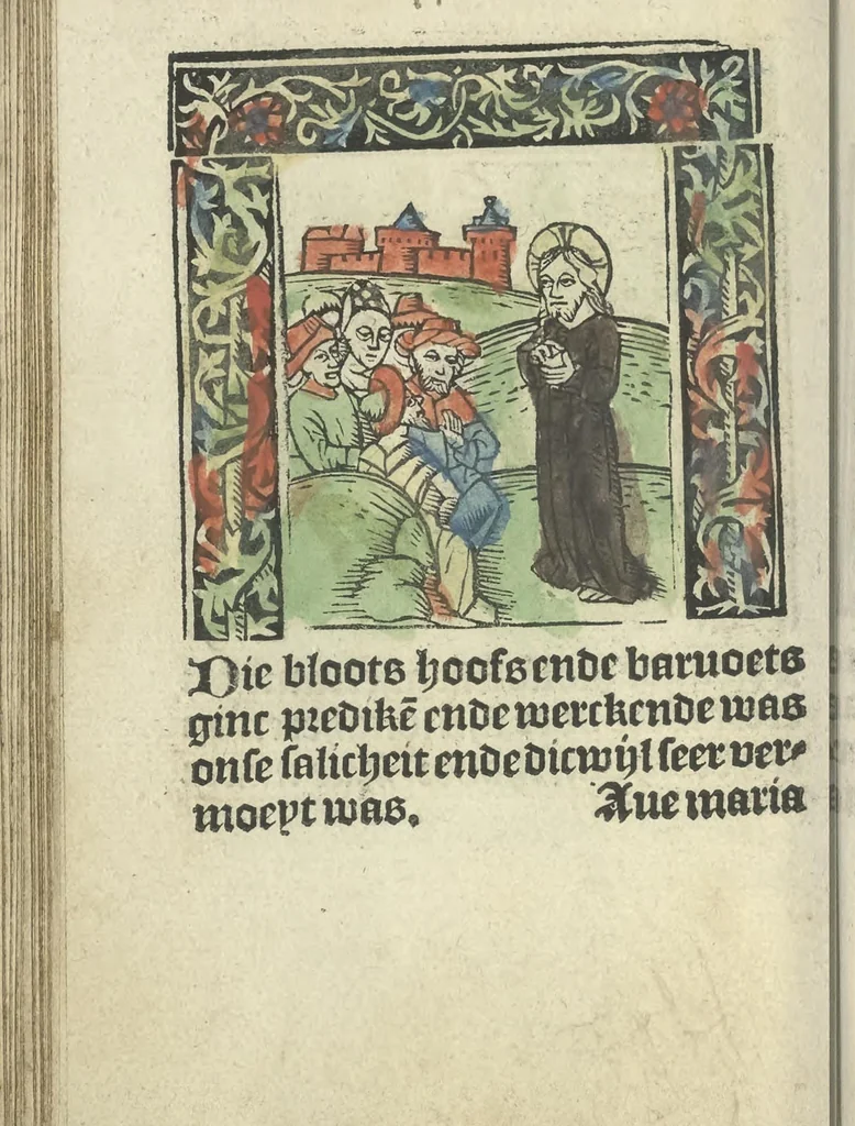 An illustration from Die ghetiden vanden seuen bitscappen Onser Lieuer Vrouwen. Die seuē psalme Onser Lieuer Vrouwen mitter letanie ende Onser Lieuer Vrouwen souter mitten artikelen vanden leuen en̄ passie Ons Heren Ihesu Cristi mitten figuren, 1503, leaf 107