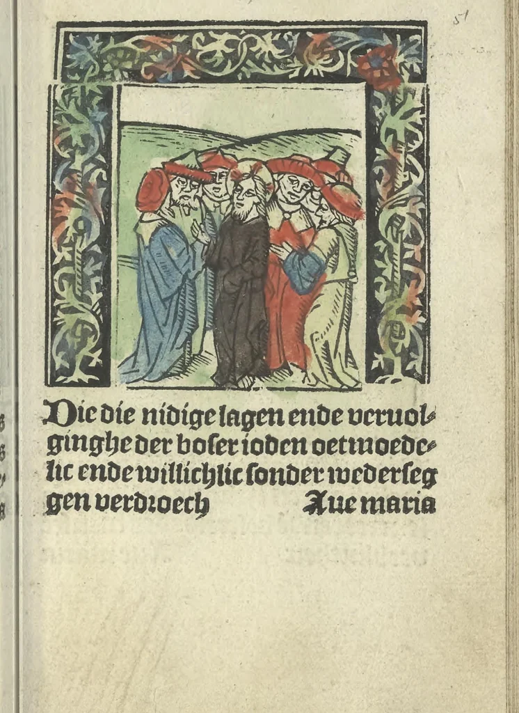 An illustration from Die ghetiden vanden seuen bitscappen Onser Lieuer Vrouwen. Die seuē psalme Onser Lieuer Vrouwen mitter letanie ende Onser Lieuer Vrouwen souter mitten artikelen vanden leuen en̄ passie Ons Heren Ihesu Cristi mitten figuren, 1503, leaf 108