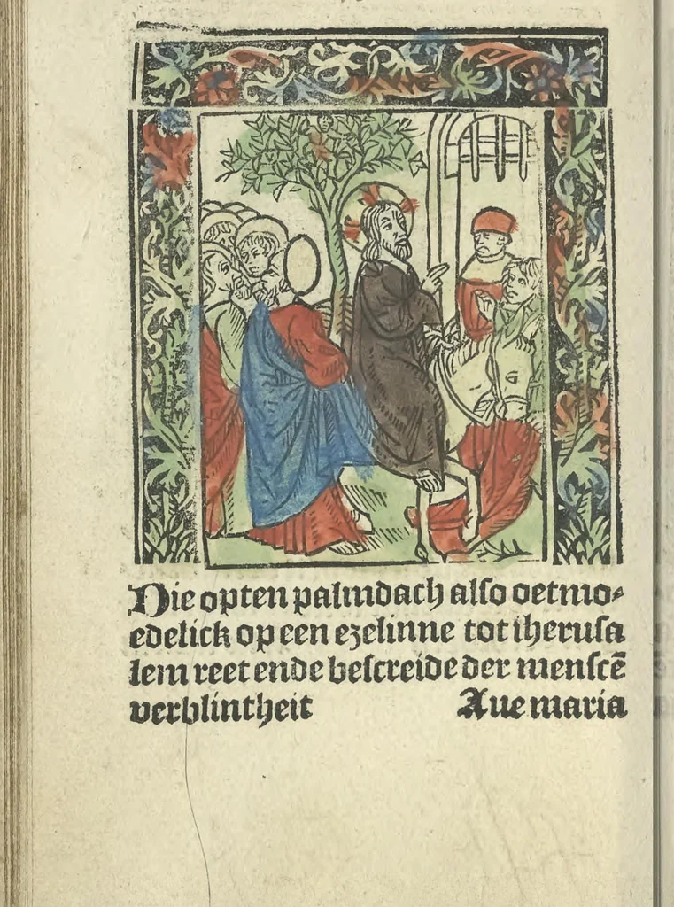 An illustration from Die ghetiden vanden seuen bitscappen Onser Lieuer Vrouwen. Die seuē psalme Onser Lieuer Vrouwen mitter letanie ende Onser Lieuer Vrouwen souter mitten artikelen vanden leuen en̄ passie Ons Heren Ihesu Cristi mitten figuren, 1503, leaf 109